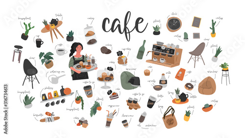 Cafe hand drawn collection . Cartoon coffee shop infographic set. Small business, houseplant and interior decoration, logo lettering and quote, barista, waiter character. Vector