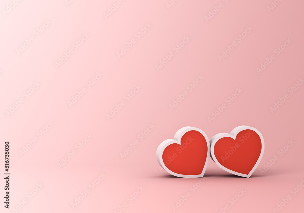 Two Hearts for Valentine's day concept on pink pastel color background with shadow 3D rendering