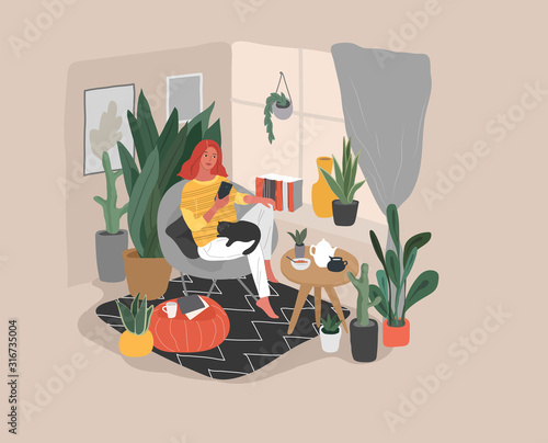 Cute woman sitting on chair with smartphone in cozy scandinavian home interior. Girlwith a cat and coffee relaxing at home. Daily life of young woman, everyday routine. Cartoon vector