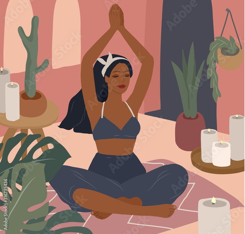 Cute girl doing yoga poses. Lifestyle by young woman in home interior with homeplants. Fashion illustration by femininity, beauty and mental health. Feminine cartoon