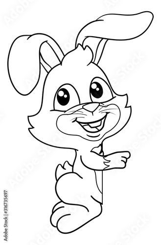 The Easter Bunny Rabbit peeking around a sign background and pointing at it. In black and white outline.