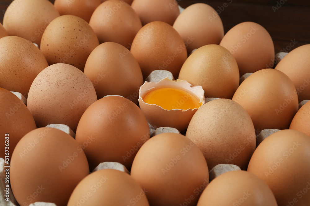 Raw chicken eggs in carton tray, closeup Raw chicken eggs in carton tray, closeup