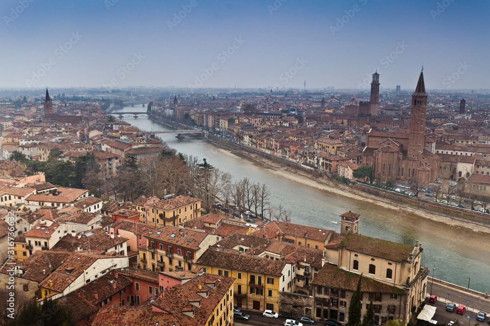 Panorama of one of the most romantic cities in Italy and the world - Verona, view of the city and the Adige river, places of romantic history of Romeo and Juliet