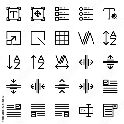 Editing text icon set include setting,scale,task,grid,fine,box,kerning,adjust,alphabet,sort,tracking,type,format,layout,image,form,input,form builder,drop down