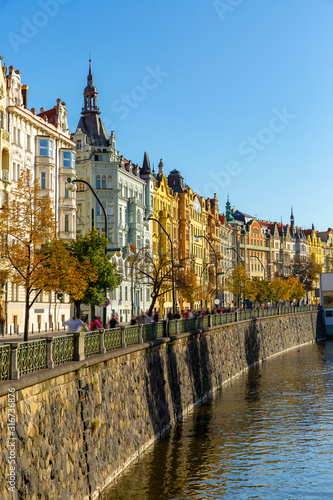 Vltava river embankment on a sunny autumn day. Prague. Czech Republic
