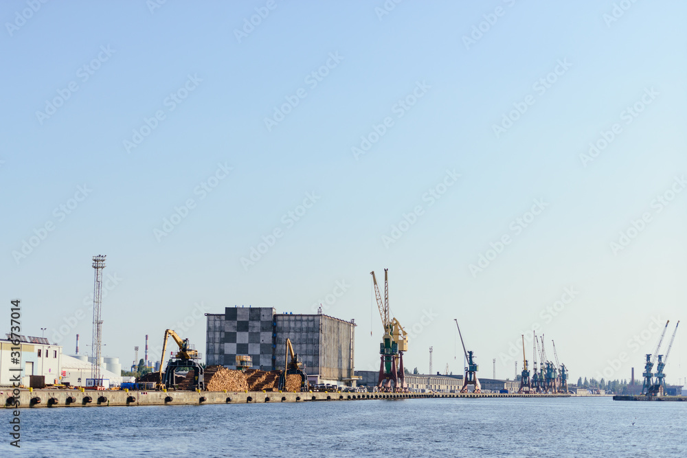 Port of Szczecin. Harbor buildings in northern Poland. Season of the spring. Odra river.