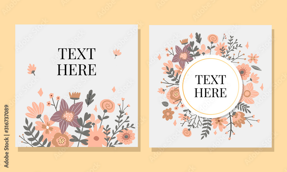 Marriage invitation card with custom sign and flower frame over wooden background. Vector illustration.