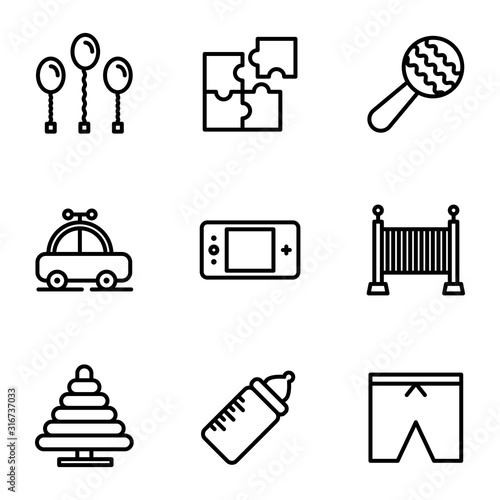 Child and Toy icon set include balloon, birthday, party, decoration, puzzle, game, toys, kids, rattle, baby, childhood, car, transportation, game boy, console, bed,milk, bottle, wear, clothes, summer
