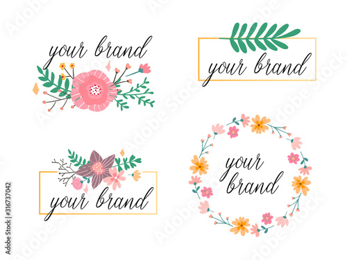 Hand drawn logo collection. Logo design with flowers and beautiful fonts. For designers, florists, photographers and other creative professions