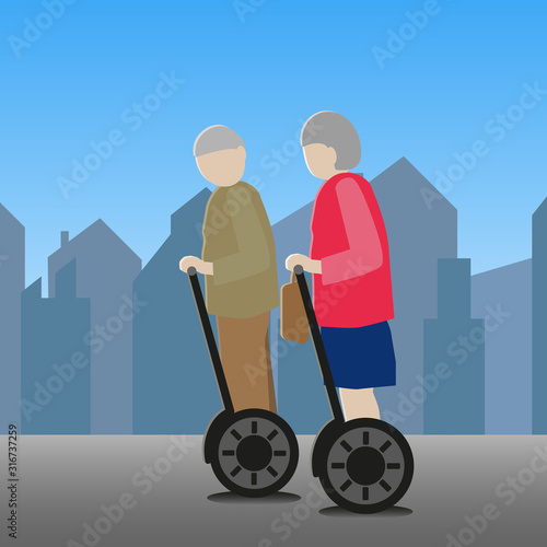 Two elderly people using balancing Personal transporters  for a tour.