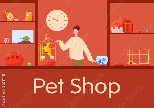 Pet shop counter interior with male worker seller.