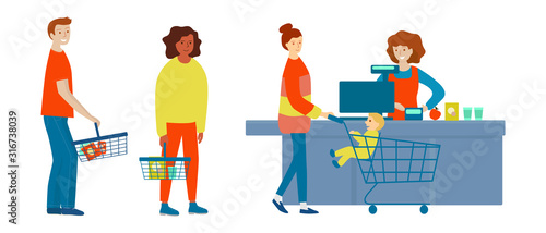 People doing shopping in supermarket. Customers in department store paying at cash register. Isolated background. Purchaser buys food products. Family is shopping at market.