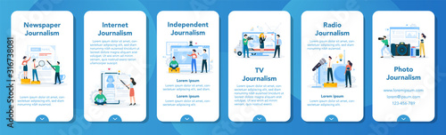Journalist mobile application banner set. TV reporter with microphone.