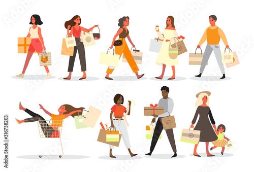 People shopping set. Collection of person with bag and box. Big sale