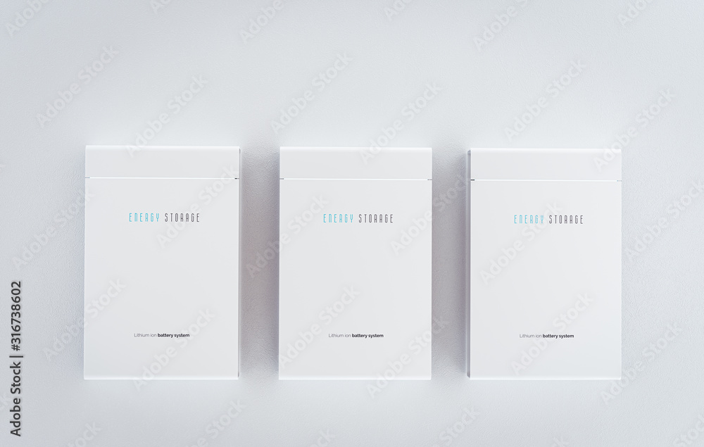 Concept of a residential integrated battery energy storage system. Multiple modern white lithium ion batteries mounted on clean wall. 3d rendering. Concept of a residential integrated battery energy storage system. Multiple modern white lithium ion batteries mounted on clean wall. 3d rendering.