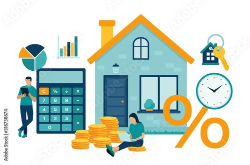 Mortgage concept. House loan or money investment to real estate. Property money investment contract. Family Buying Home. Man calculates home mortgage rate. Vector illustration with characters.