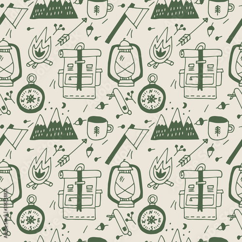 Vector set of liear camping and hiking icons. Seamless pattern for traveling. Backgrond or texture for print.