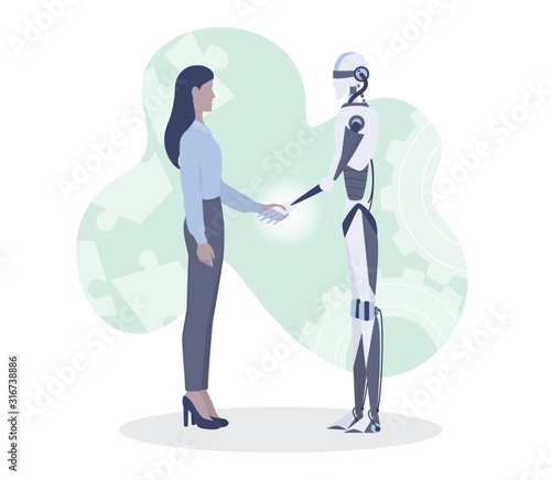 Businesswoman and robot shaking hands