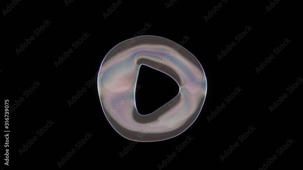 3D rendering of distorted transparent soap bubble in shape of symbol of play button isolated on black background 3D rendering of distorted transparent soap bubble in shape of symbol of play button isolated on black background
