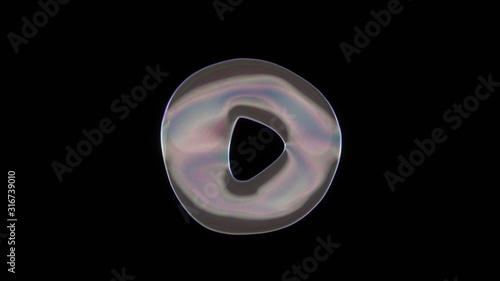 3D rendering of distorted transparent soap bubble in shape of symbol of play isolated on black background