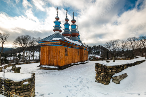 Komancza Wooden Orthodox Church. Carpathian Mountains and Bieszczady Architecture in Winter