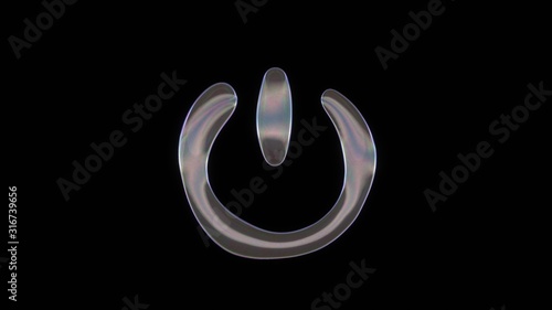 3D rendering of distorted transparent soap bubble in shape of symbol of power off isolated on black background