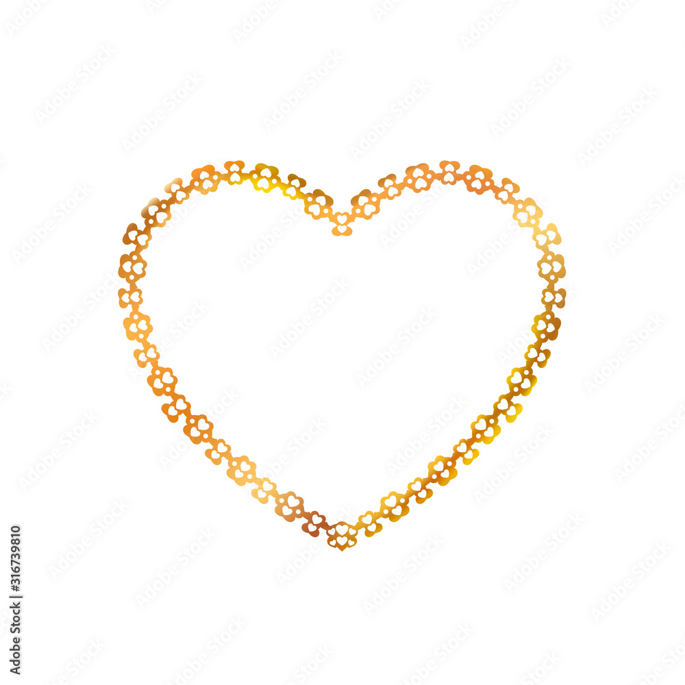 Gold frame heart shaped patterned of small hearts. Golden jewelry isolated on white background. Vector illustration. Gold frame heart shaped patterned of small hearts. Golden jewelry isolated on white background. Vector illustration.