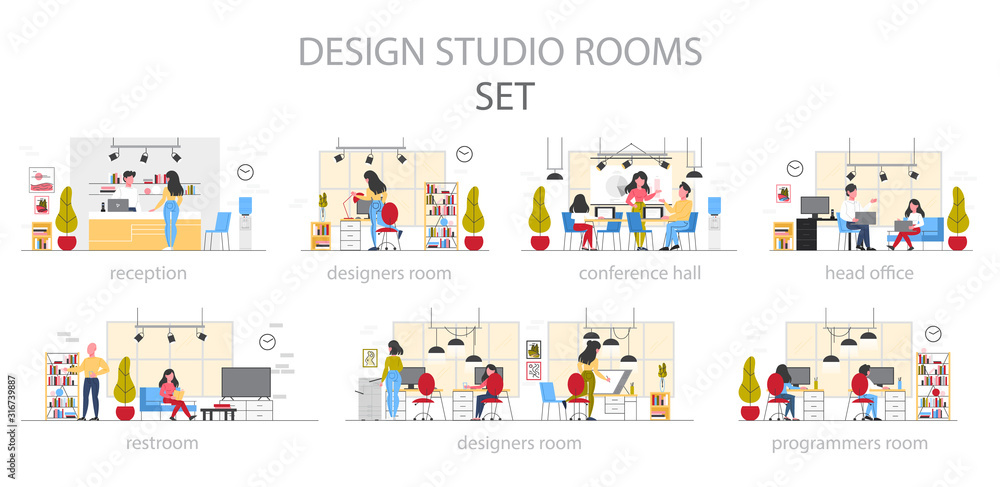 Design studio room interior set. Office workplace designer.