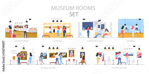 Museum room interior with exhibition and visitors.