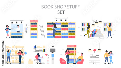 Bookstore building interior. People choosing and buying literature.