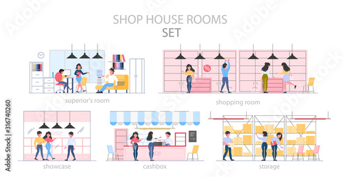 Empty store room interior. Counter, shelves and exposition.