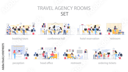 Travel agency room interior. People sitting at the desk