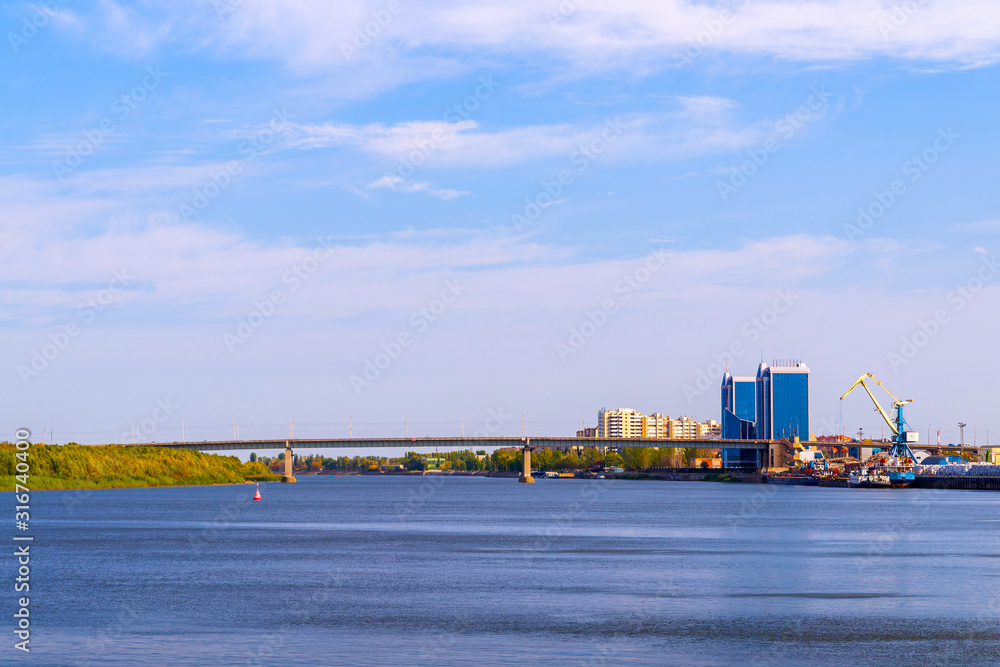 Astrakhan. Russia. Bridge over Volga river.Modern building on background Astrakhan. Russia. Bridge over Volga river.Modern building on background