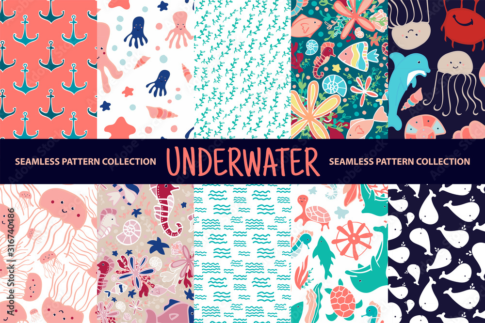 set of 10 seamless pattern. underwater world. sea animals. vector ...