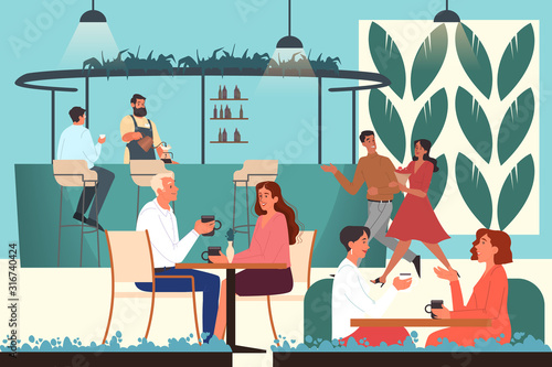 People having lunch in cafe. Female and male characters drink coffee