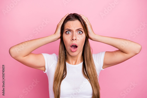 Close up photo of frustrated astonished girl hear her mistake news shout unbelievable touch head hands wear good looking outfit isolated over pastel color background