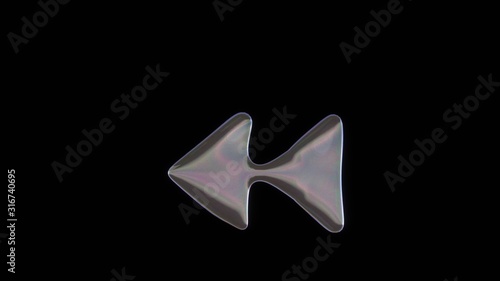 3D rendering of distorted transparent soap bubble in shape of symbol of rewind isolated on black background
