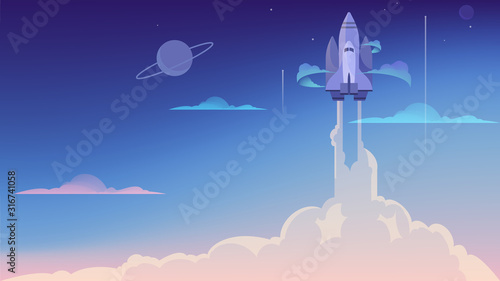 Vector illustration of rocket launch. Business and science consept.