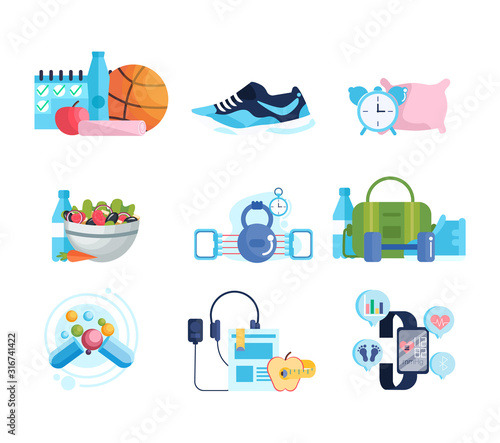Sport and diet concept. Collection of healthy lifestyle items.