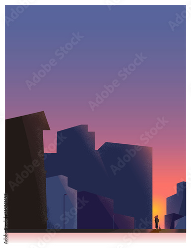 Vector illustration of urban sky in vanilla twilight background. Minimalist image of cityscape with copy space,woman take a dog for a walk in evening. Minimal landscape with noise and grainy.