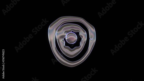 3D rendering of distorted transparent soap bubble in shape of symbol of shield isolated on black background