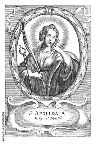 Antique vintage religious allegorical engraving or drawing of Christian holy woman saint Apollonia holding pliers and tooth.Illustration from Book Die Betrubte Und noch Ihrem Beliebten..., Austrian photo