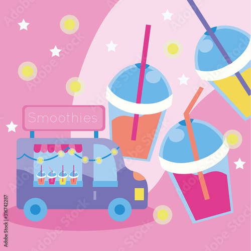 cute kawaii postcard with smoothies car