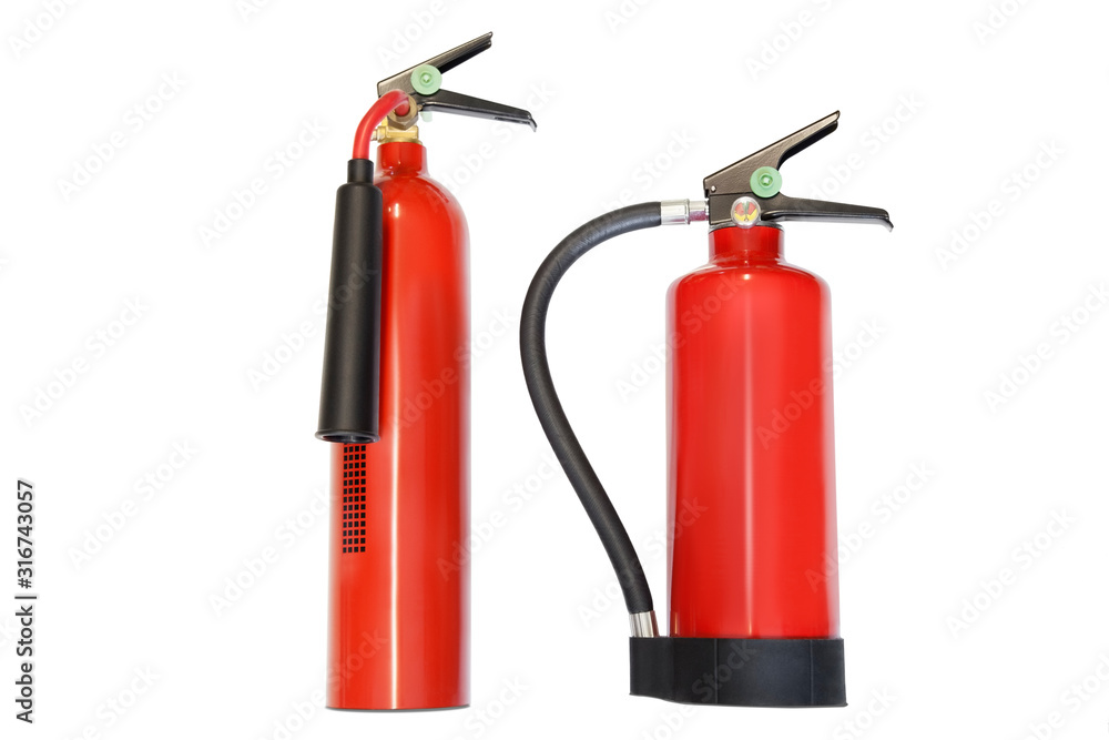 Obraz premium Two fire extinguishers against white background