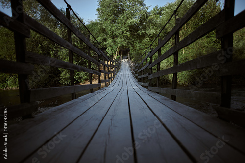 Fototapeta Naklejka Na Ścianę i Meble -  Old wooden bridge leading into green trees