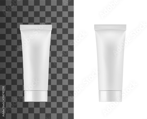 Cosmetic white tube package, isolated 3D mockup template. Vector realistic blank plastic tube with cap of toothpaste, hand cream or lotion, facial cleanser and liquid skincare moisturizer tube pack