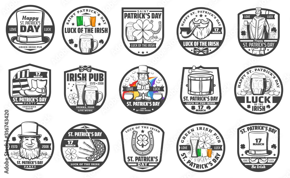 Naklejka premium Irish Saint Patrick day, party and Irish beer pub icons. Vector St Patrick with shillelagh and ale beer pint, leprechaun in hat with coins in cauldron, Ireland flag and rainbow with horseshoe