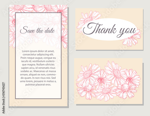 Happy birthday card. Set of wedding invitation cards. Set of romantic vector cards with hand drawn flowers