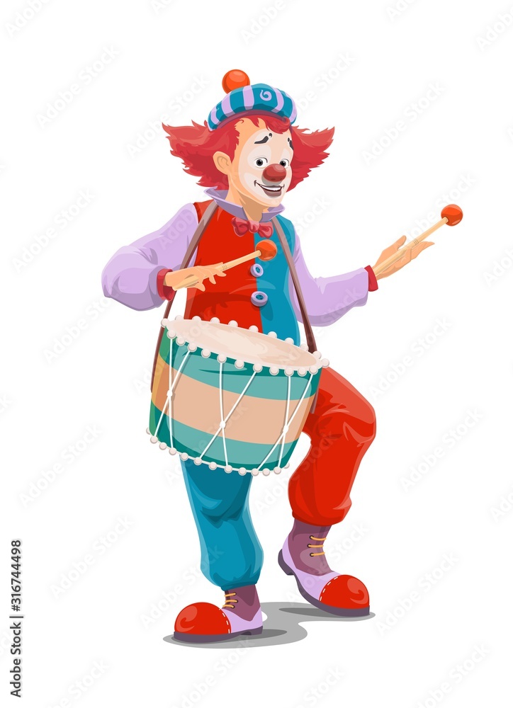 Circus clown playing drum, vector character of carnival comedy show. Joker  or comic man cartoon character with funny hat, red wig and fake nose,  makeup, giant clown shoes and drum sticks Stock