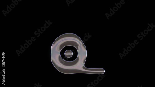 3D rendering of distorted transparent soap bubble in shape of symbol of tape isolated on black background